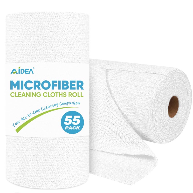 أيديا منديل تنظيف أبيض من الألياف الدقيقة من أيديا، لفة واحدة 55 ورقة، مناشف للسيارات، مناشف ورقية قابلة للتمزيق، قطع قماش بيضاء للمنزل، قطع قماش تنظيف للسيارات، الميكانيكيين، ورش العمل، المنزل، 11 9 بوصة - Image 1